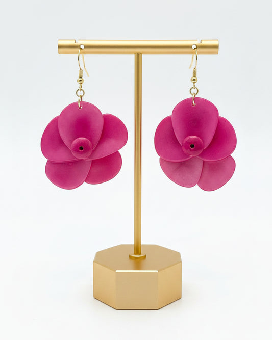 Fuschia Hot Pink Rose Tagua Nut Earrings