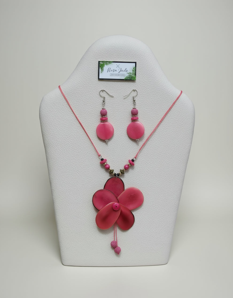 Fuschia Tagua Nut Rose and Earrings Set