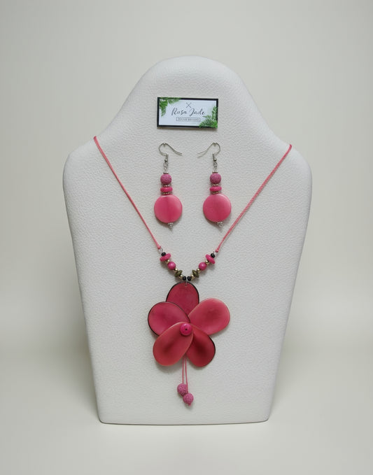 Fuschia Tagua Nut Rose and Earrings Set