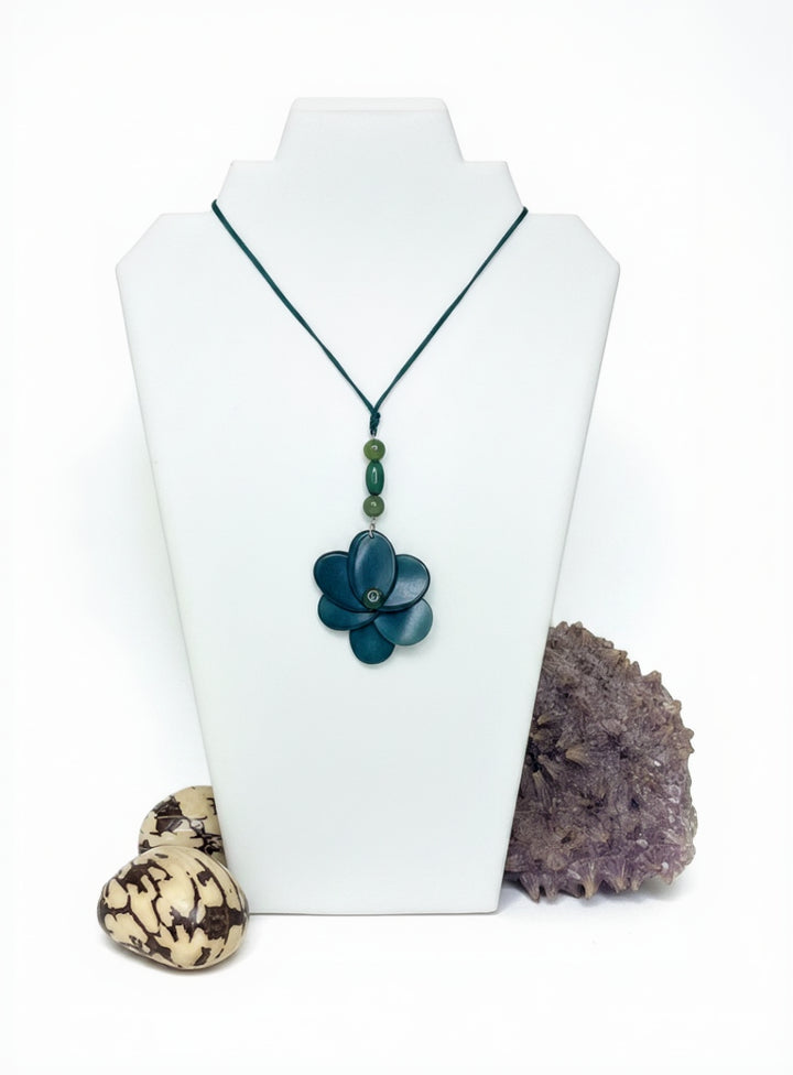 Adjustable necklace with a small green rose-shaped tagua nut pendant perfect for Autumn palette 