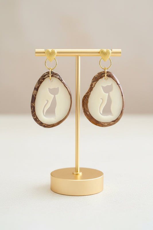 Hand-Carved Cat Tagua Nut Earrings – Eco-Friendly Artisan Jewelry from Ecuador