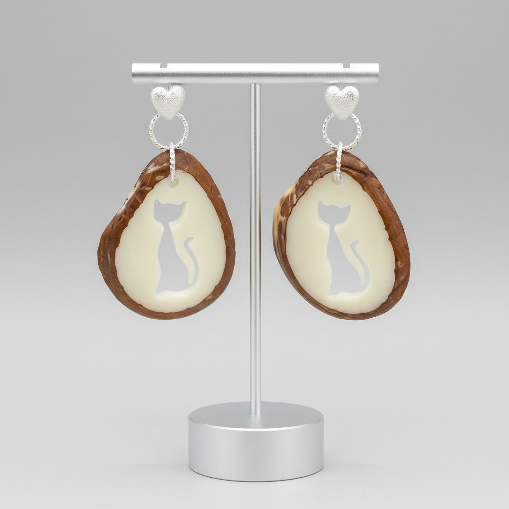 Handcrafted Cat Silhouette Tagua Nut Earrings – Sustainable Eco-Jewelry