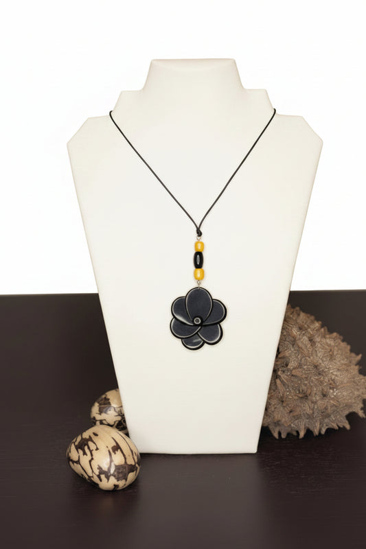 Handcrafted Yellow and Black Tagua Nut Rose Necklace – Adjustable Ecuadorian Floral Jewelry