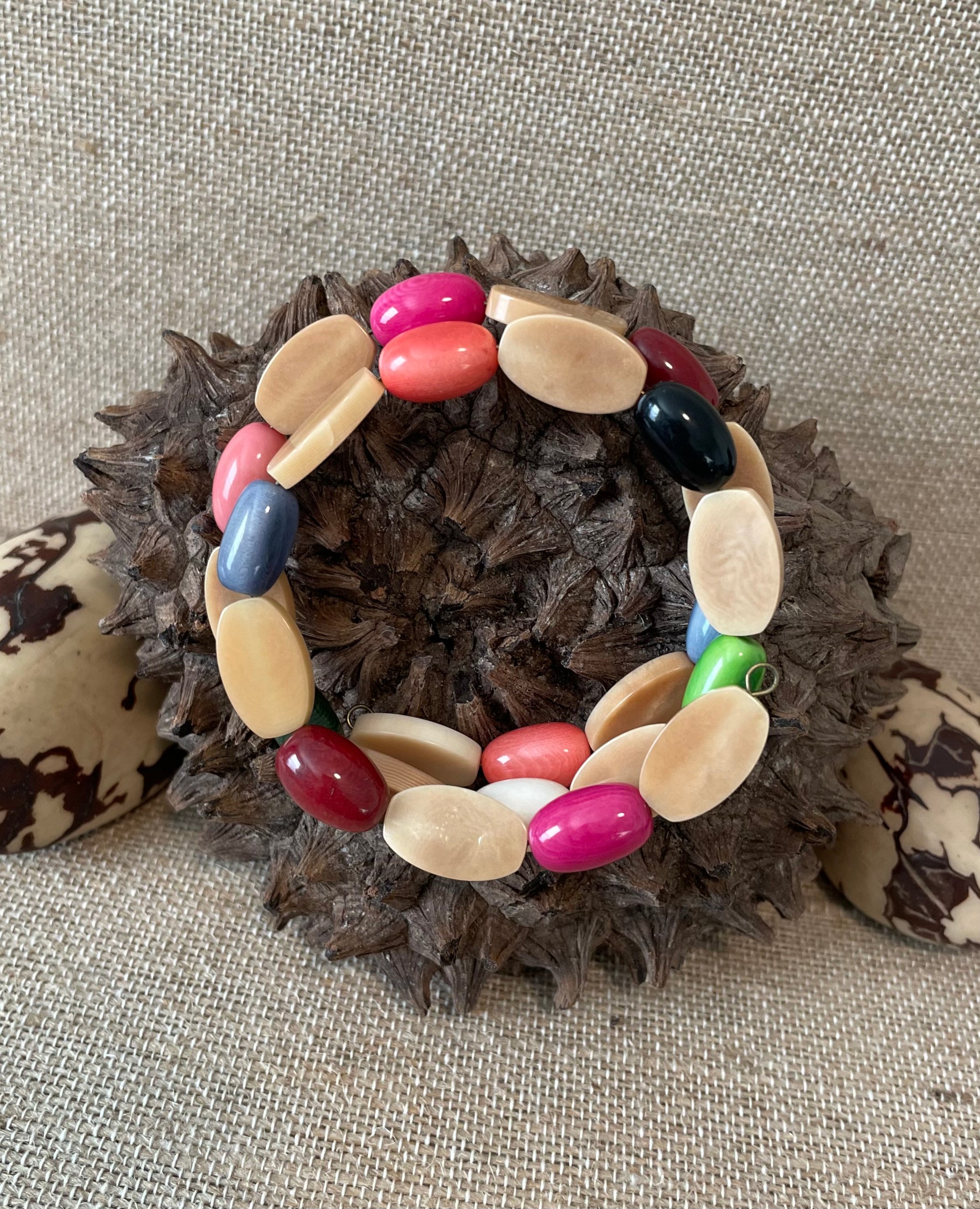 Handmade Beige Multicolor Tagua Nut Memory Wire Bracelet | Eco-Friendly Jewelry