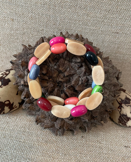 Handmade Beige Multicolor Tagua Nut Memory Wire Bracelet | Eco-Friendly Jewelry