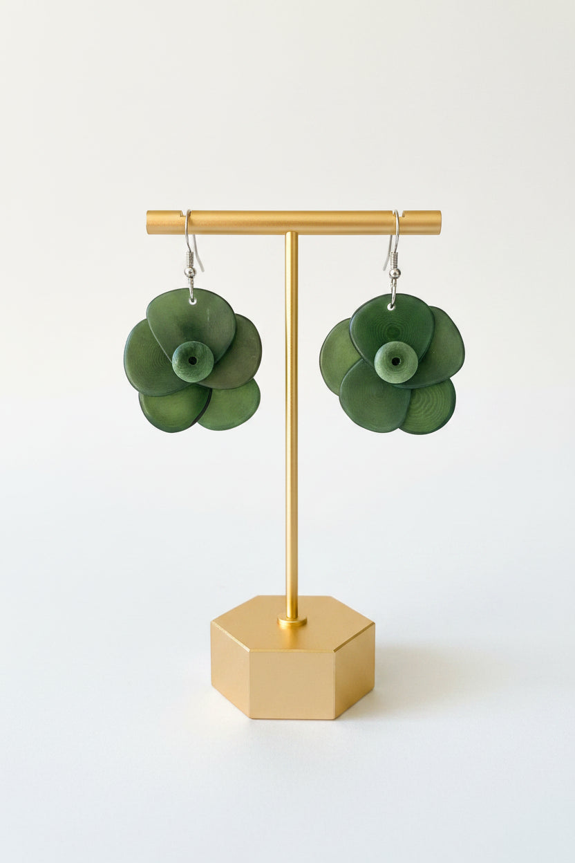 Handmade Dark Green Rose Tagua Nut Earrings – Sustainable Floral Statement Jewelry