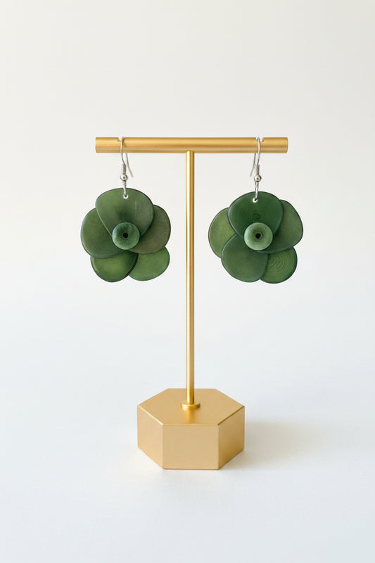 Handmade Dark Green Rose Tagua Nut Earrings – Sustainable Floral Statement Jewelry