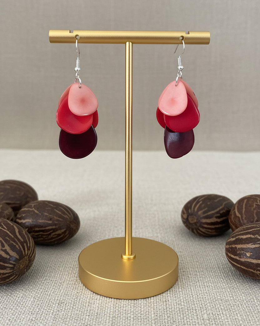 Burgundy Red and PinkTagua Nut Dangle Earrings