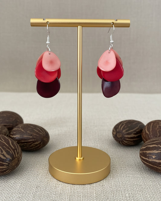 Burgundy Red and PinkTagua Nut Dangle Earrings