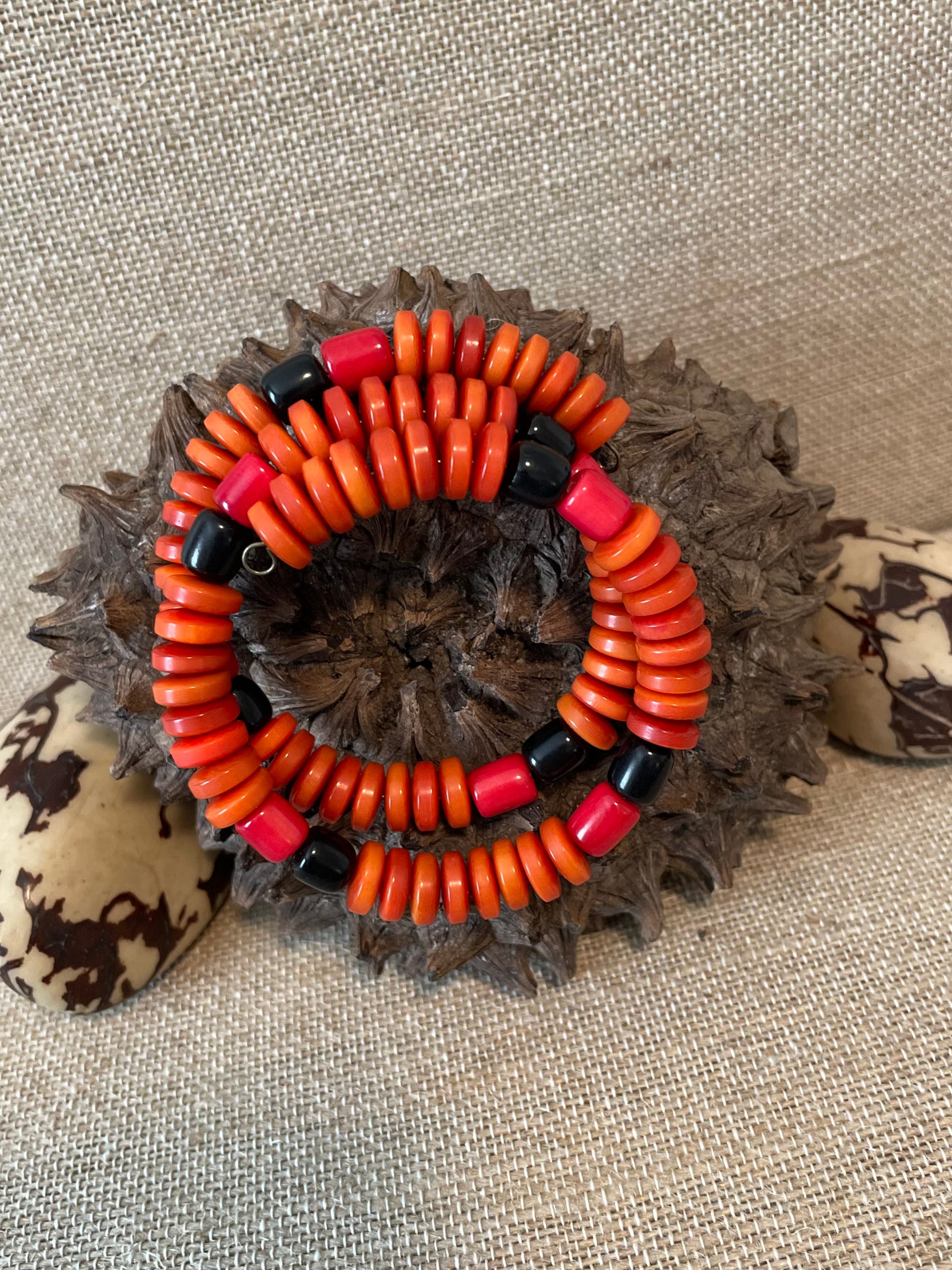 Handmade Orange red Tagua Nut Wrap Bracelet | Sustainable Vegetable Ivory