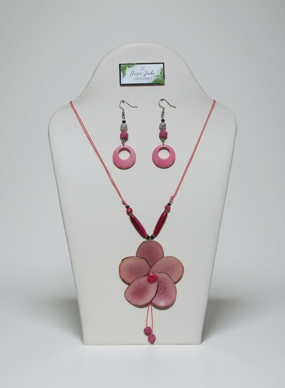 Pink Tagua Nut Rose and Earrings Set Summer