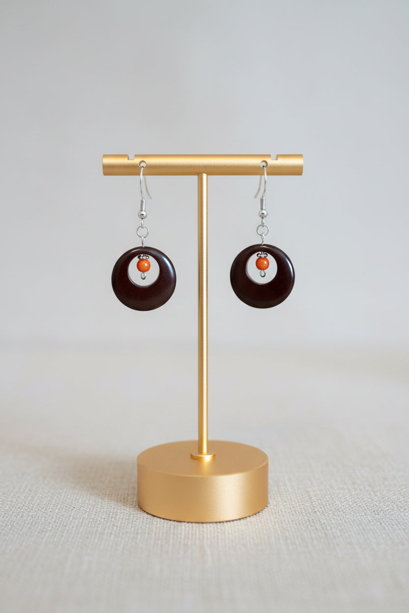 Brown and Orange Hoop Tagua Nut Dangle Earrings