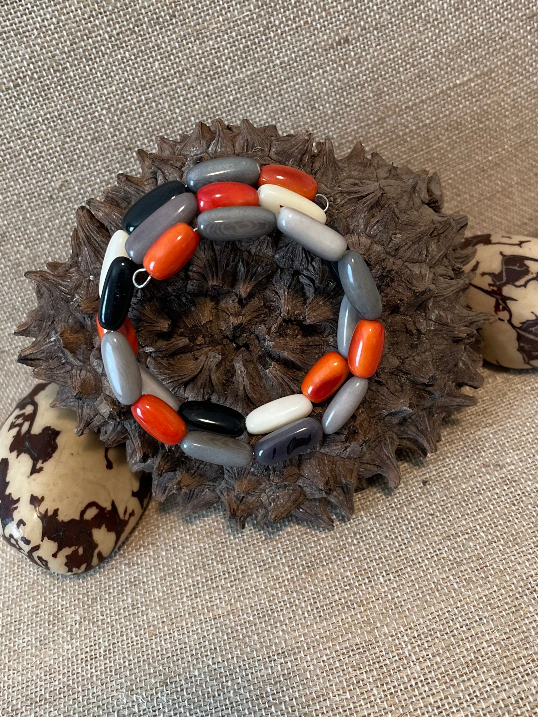 Handmade Tagua Nut Memory Wire Bracelet – Black, Gray, White & Orange