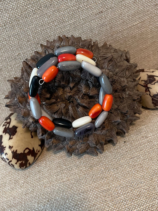 Handmade Tagua Nut Memory Wire Bracelet – Black, Gray, White & Orange
