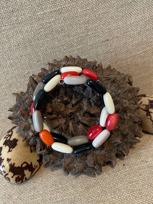 Handmade Tagua Nut Memory Wire Bracelet – Black, Gray, White & Red