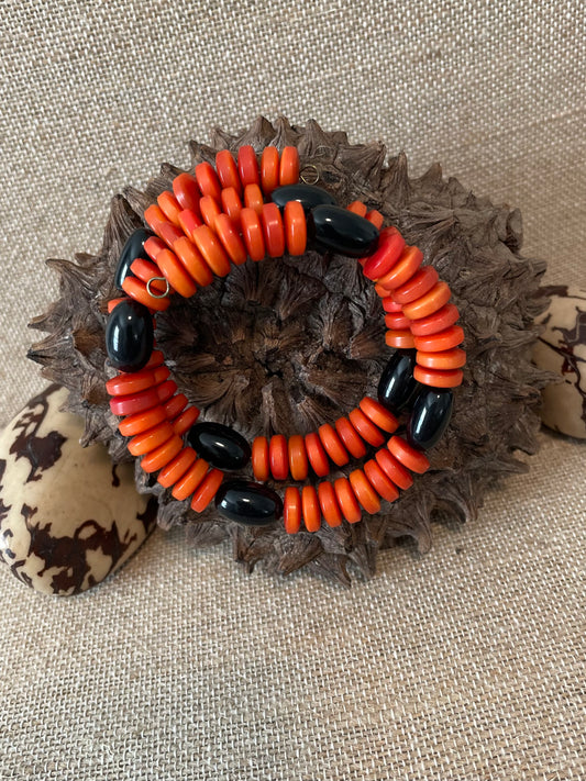 Handmade black Orange red Tagua Nut Wrap Bracelet | Sustainable Vegetable Ivory