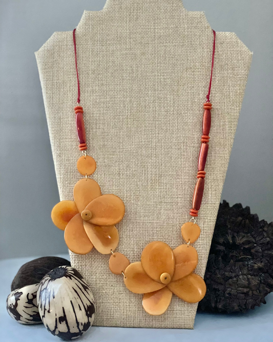 light brown Double Rose Tagua Nut Necklace Autumn