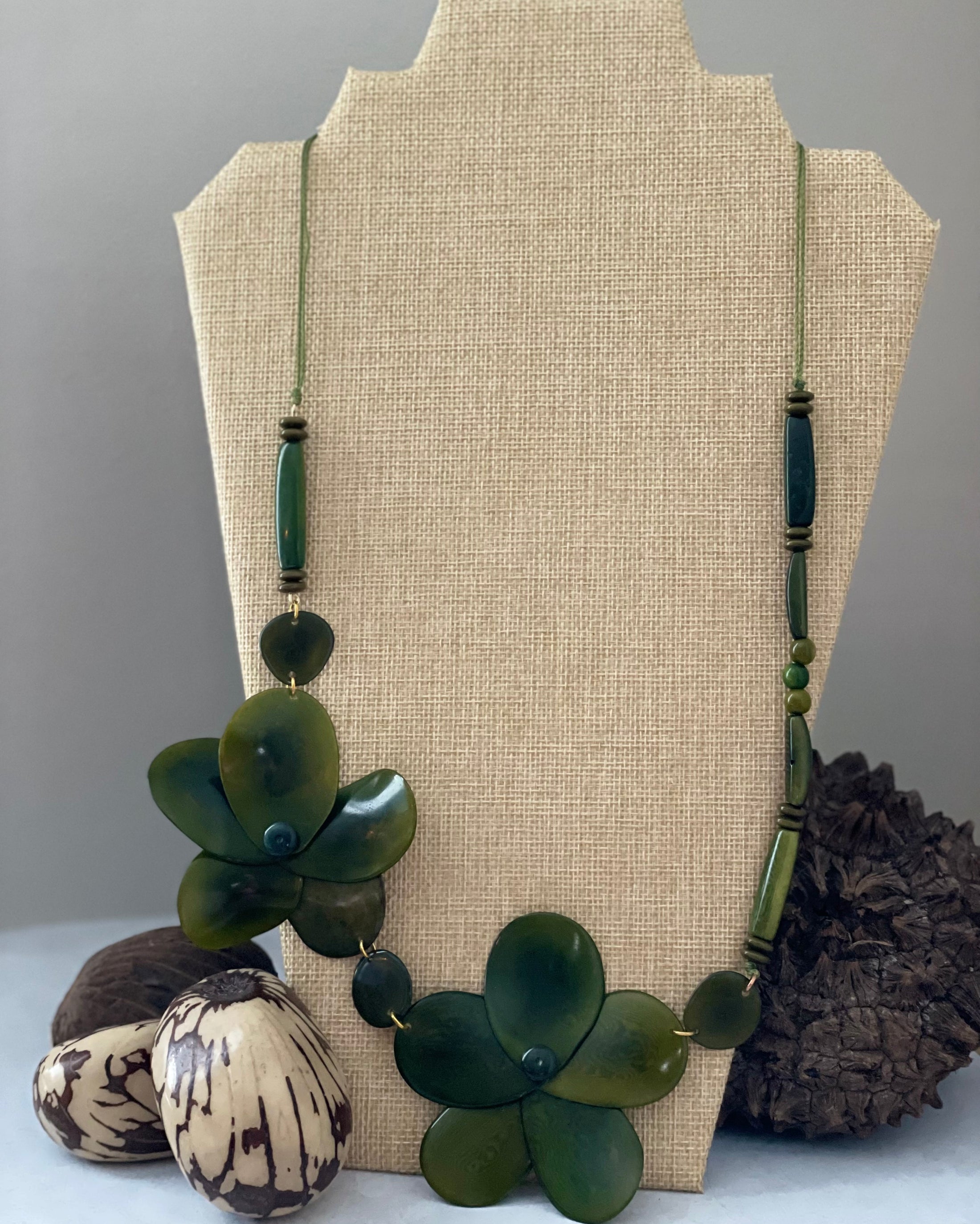 Olive Green Double Rose Tagua Nut Necklace