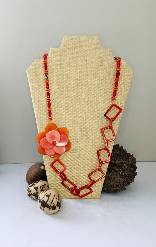 Orange and Red Rose Chain Tagua Nut Necklace