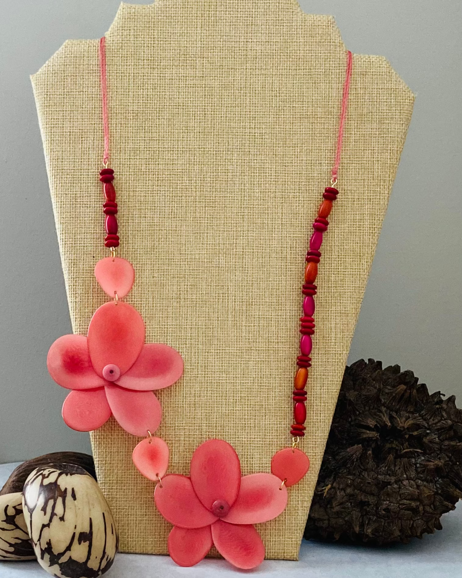 Pink Double Rose Tagua Nut Necklace
