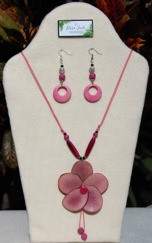 Pink Tagua Nut Rose and Earrings Set Summer