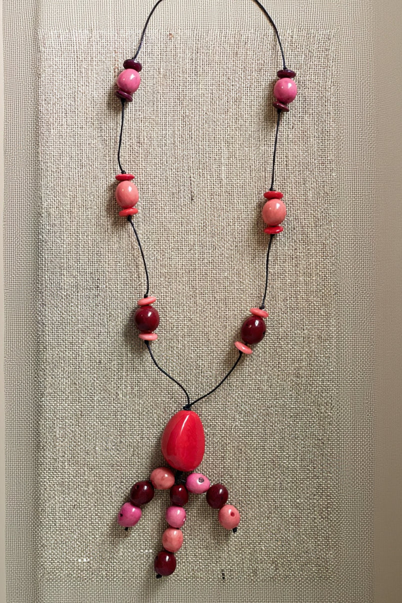 Red Tagua Nut and Pink Pambil Seed Extra Long Adjustable Necklace