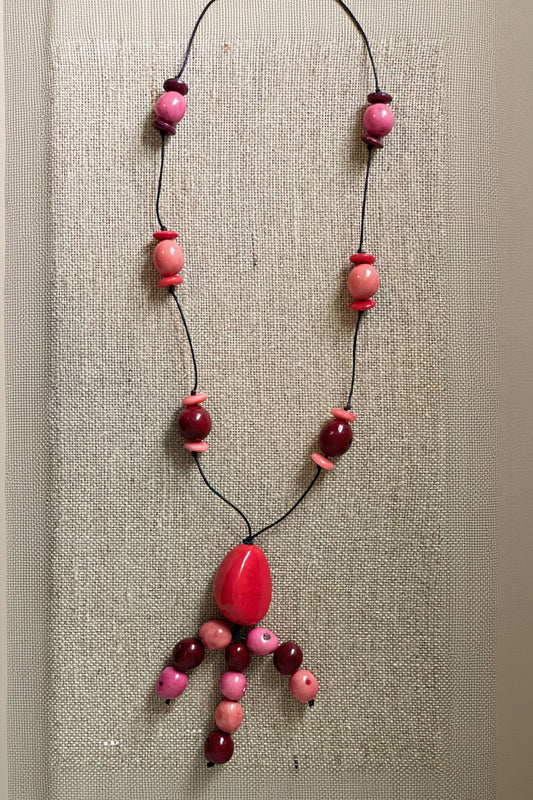 Red Tagua Nut and Pink Pambil Seed Extra Long Adjustable Necklace