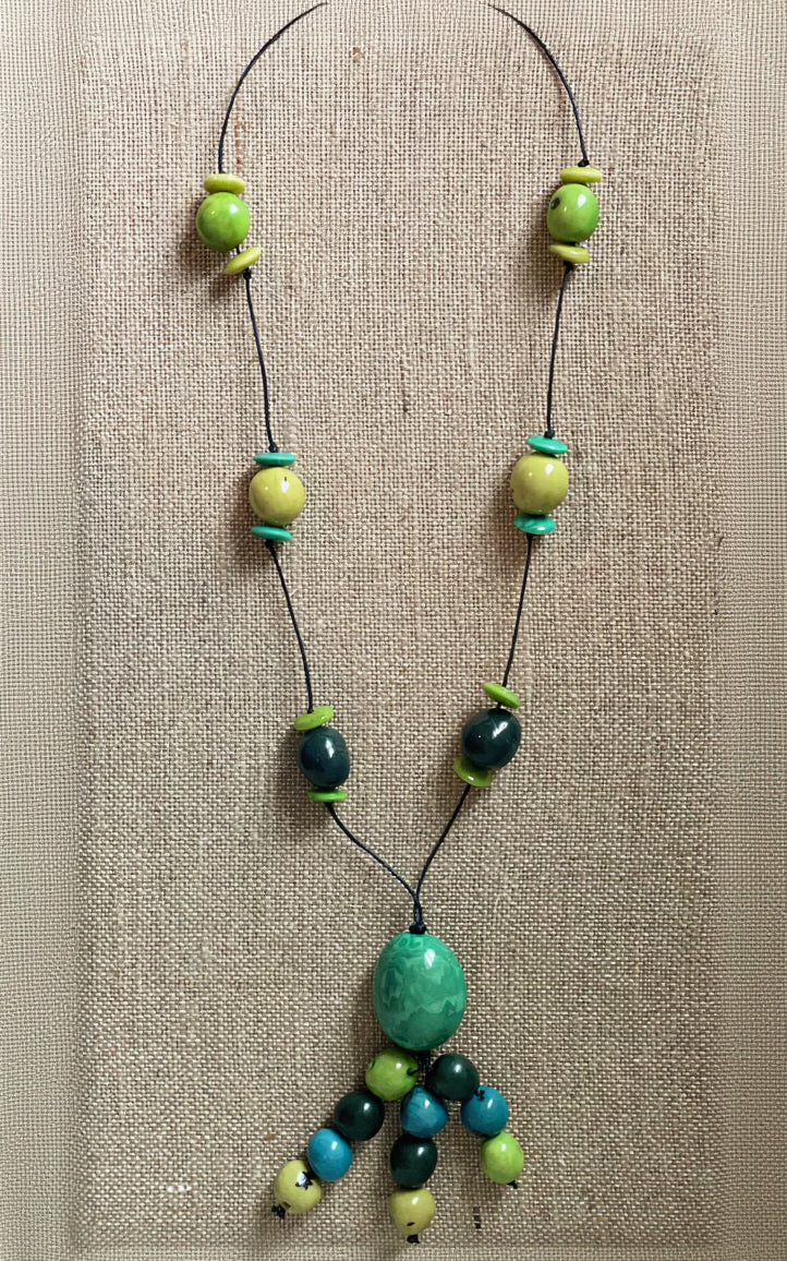 Teal Tagua Nut and Green Pambil Seeds Extra Long Adjustable Necklace