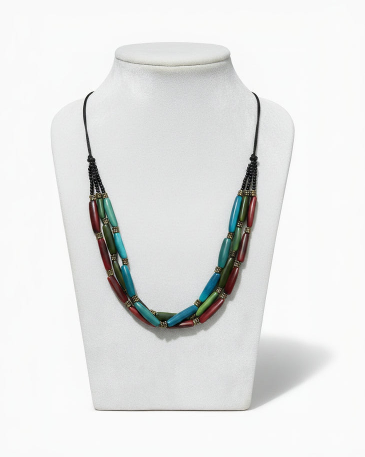 Turquoise Green Maroon Triple Layer Tagua Nut Necklace