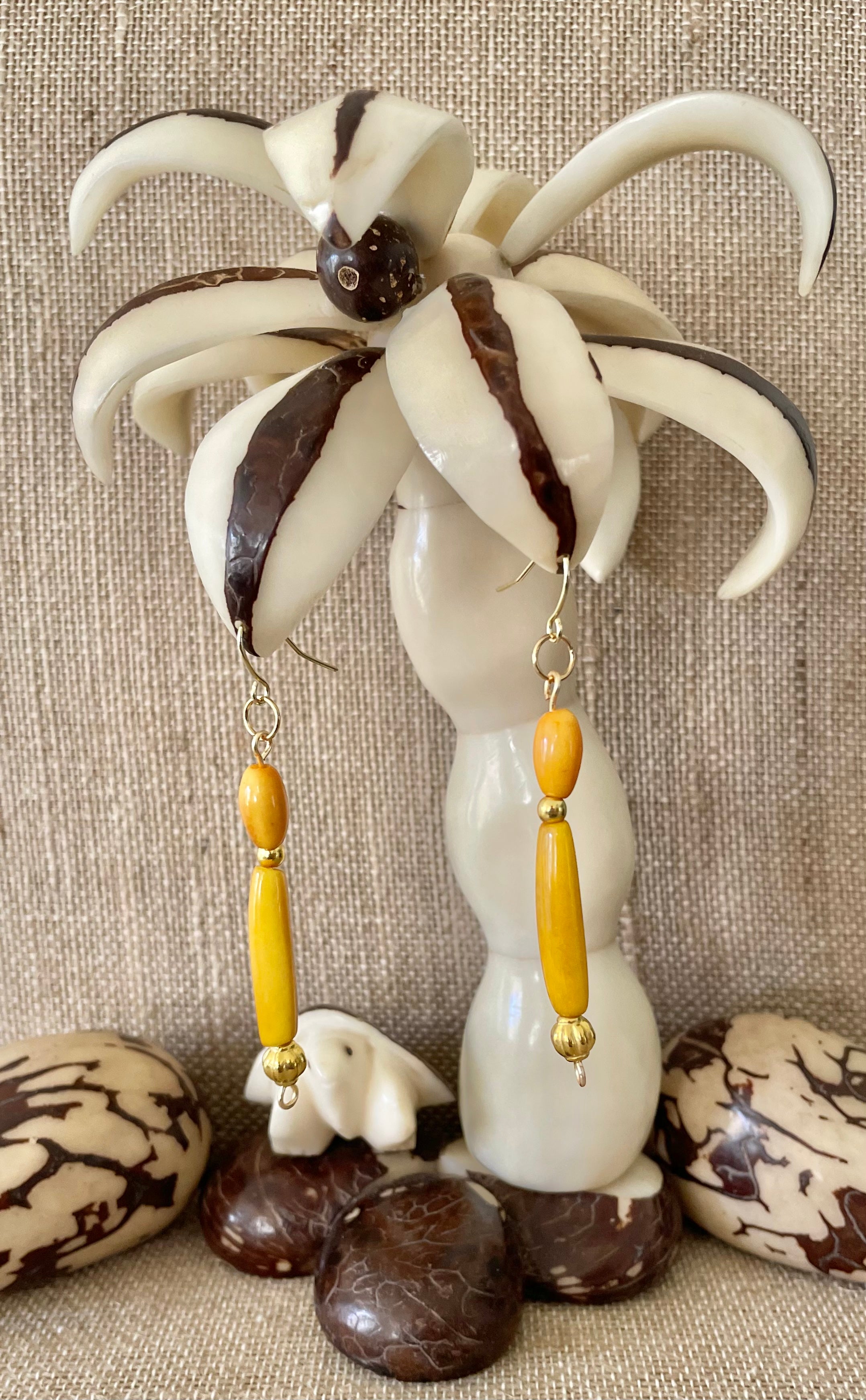 Yellow Tagua Nut Long Earrings