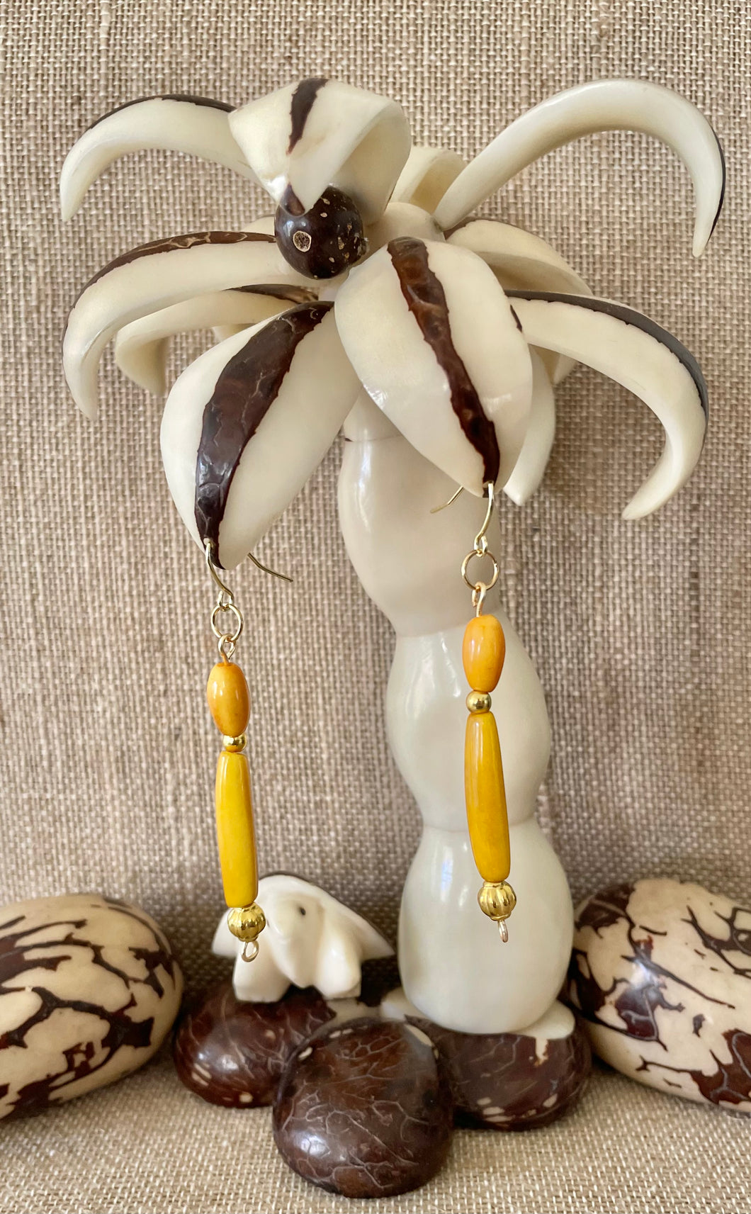 Yellow Tagua Nut Long Earrings