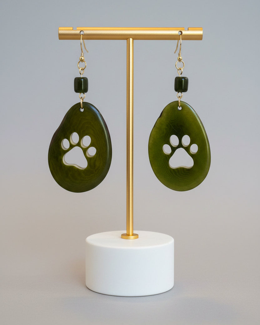 Olive Green Paw print Tagua Nut Earrings