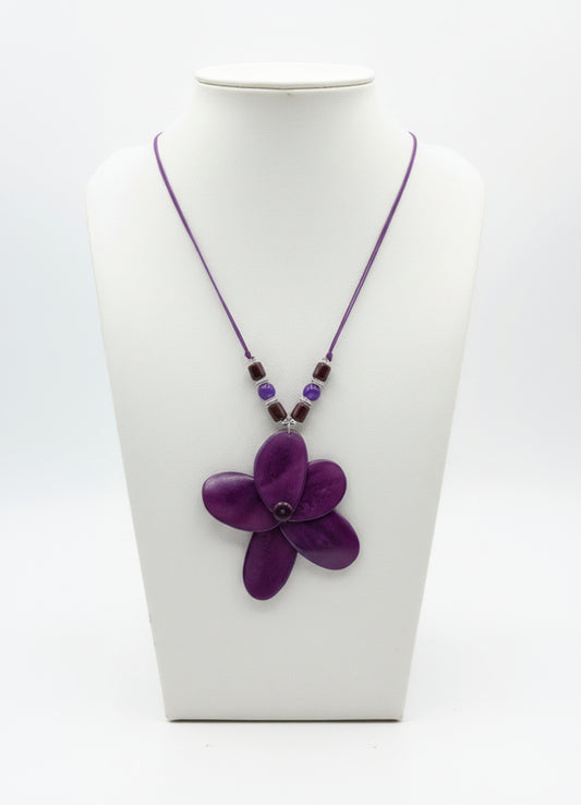 purple adjustable necklace with a large tagua nut rose design winter 