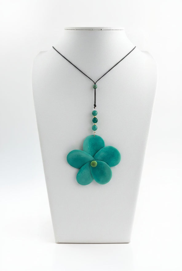 A teal green tagua nut rose-shaped adjustable necklace